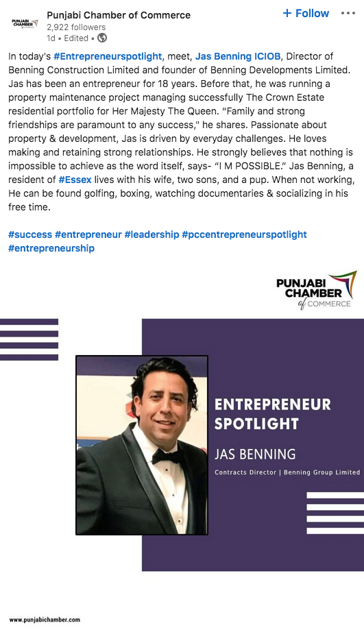 Benning Contracts Director Jas Benning was featured in a LinkedIn post by the Punjabi Chamber of Commerce